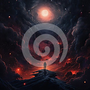 Astronaut in Space Suit Standing on an Unknown Planet Looking at the Galaxy.