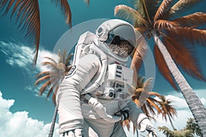 Astronaut in space suit summer palm tree. Generate Ai