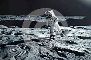 Astronaut in space suit walking on moon surface. Expedition to the moon, space exploration. Generative AI