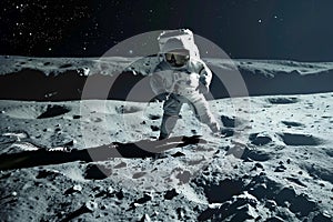Astronaut in space suit walking on moon surface. Expedition to the moon, space exploration. Generative AI
