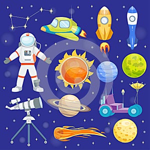 Astronaut space vector icons landing planets spaceship solar system future exploration spaceship cosmonaut rocket