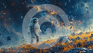 an astronaut in space walking through a field in front of rocks, in the style of hyper-realistic atmospheres, dark gray