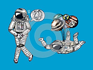 Astronaut spaceman with balloons moon, sun earth, mars venus. astronomical galaxy space. cosmonaut explore adventure. wc