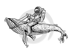 Astronaut spaceman with blue whale. astronomical galaxy space. Funny cosmonaut explore adventure. engraved hand drawn in