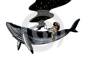 Astronaut spaceman with blue whale. Astronomical galaxy space. Funny cosmonaut explore adventure. Engraved hand drawn in