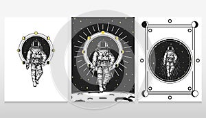 Astronaut spaceman cards. Moon phases planets in solar system. astronomical galaxy space. cosmonaut explore adventure