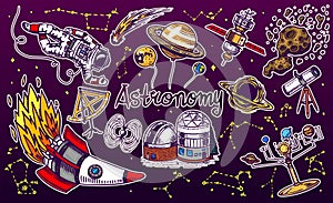 Astronaut spaceman. planets in solar system. Astronomical galaxy. Cosmonaut explore adventure. Engraved hand drawn in