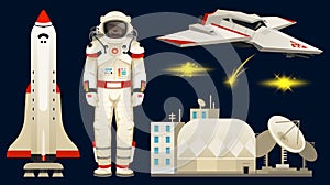 Astronaut spaceman. planets in solar system. astronomical galaxy. cosmonaut explore adventure. space shuttle, telescope