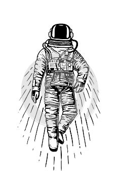 Astronaut spaceman. planets in solar system. astronomical galaxy space. cosmonaut explore adventure. engraved hand drawn