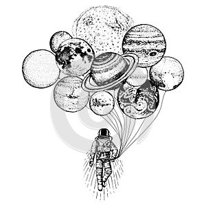 Astronaut spaceman. planets in solar system. astronomical galaxy space. cosmonaut explore adventure. engraved hand drawn