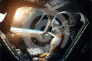 Astronaut in spaceship cockpit, spacecraft control room interior, generative AI