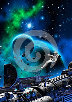 Astronaut and spaceship near a planet with moon, dark sky with nebula and stars, 3d illustration
