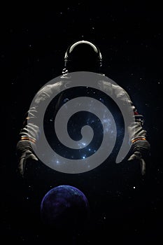 Astronaut in spacesuit against the background planet space stars and nebula. Cosmonaut Space exploration, silhouette of astronaut