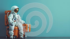 astronaut in spacesuit and with baggage suitcase, space exploration and discovery concept, travel and journeys