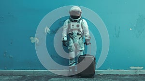 astronaut in spacesuit and with baggage suitcase, space exploration and discovery concept, travel and journeys