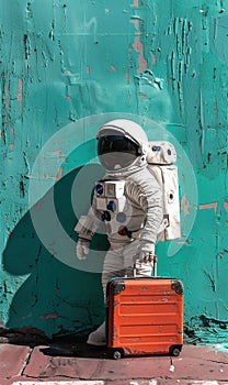 astronaut in spacesuit and with baggage suitcase, space exploration and discovery concept, travel and journeys