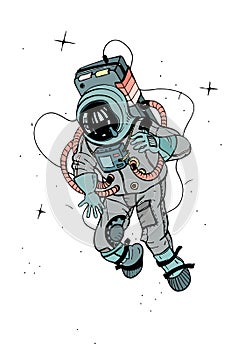 Astronaut in spacesuit. Cosmonaut in space on the white background. Colorful vector illustration.