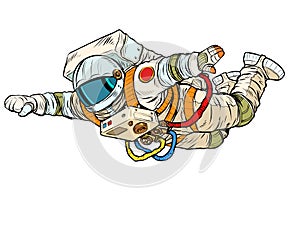 An astronaut in a spacesuit flies forward like a superhero. Weightlessness