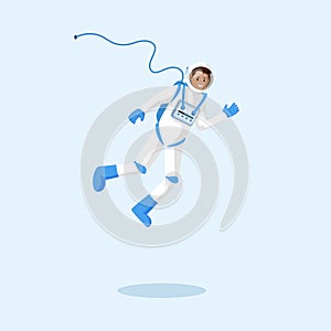 Astronaut in spacesuit floating flat illustration. Male cosmonaut, explorer, traveler flying in zero gravity and waving