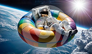 An astronaut in a spacesuit is floating in a rainbow-colored donut shaped tube photo