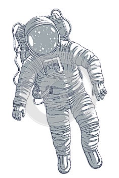 Astronaut in spacesuit floating in weightlessness, spaceman in open space realistic vector illustration isolated over white