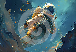 Astronaut in a spacesuit gravitating in space. photo