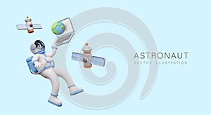 Astronaut in spacesuit is holding laptop. Cosmonaut uses satellite communication