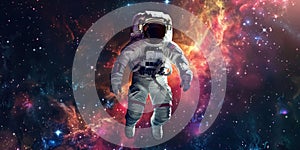 an astronaut in a spacesuit in outer space against star clusters, concept for Cosmonautics Day, astronomy, banner