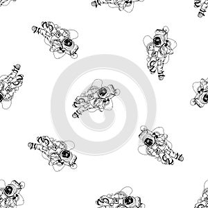 Astronaut in spacesuit seamless pattern. Cosmonaut in space on white background. Black and white outline vector