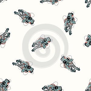 Astronaut in spacesuit seamless pattern. Cosmonaut in space on white background. Colorful vector illustration.