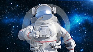 Astronaut in spacesuit showing thumbs up, cosmonaut floating in space, close up view, 3D render