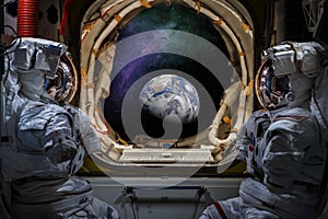 Astronaut spacesuit in the space with earth background Elements of this image furnished by NASA