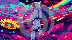 Astronaut in a spacesuit standing on a field of flowers. AI generated video