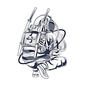 Astronaut squat inking illustration