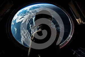 Astronaut stand near round window with view on earth in space station in space