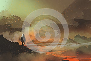 Astronaut standing in abandoned planet with volcanic landscape