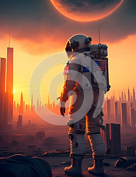 Astronaut standing in an apocalyptic city on sunset background. Generative AI