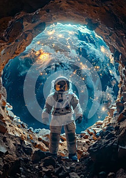 Astronaut standing at the entrance of a rugged cave, looking out into a mesmerizing galaxy and planet. International Day of Human