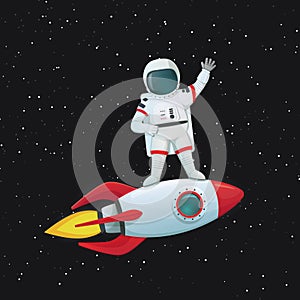 Astronaut standing on the flying rocket ship waving one hand and the other akimbo