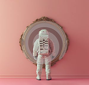 Astronaut standing in front of the vintage circular mirror.