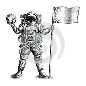 The astronaut standing and holding flag and globe hand draw vintage engraving style black and white clip art isolated on white