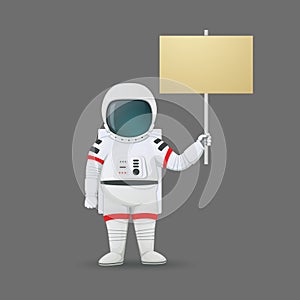 Astronaut standing and holding a sign isolated on a gray background.  Announcing, protesting