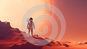 Astronaut standing on Mars. Concept of new frontier and adventure. Minimalistic wallpaper with orange glowing gradient