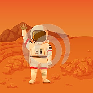 Astronaut standing on the mars surface waving hand in a welcoming gesture.