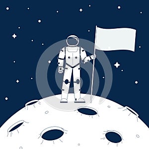 Astronaut standing on moon and holding flag. Space mission, retro cosmonaut background. Flat planet, universe adventure