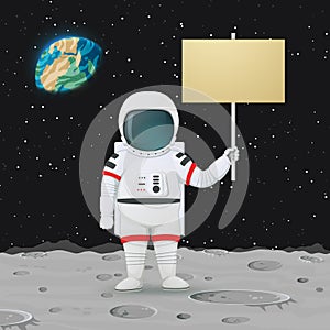 Astronaut standing on the moon surface holding a sign. Outer space, Earth and stars in the background