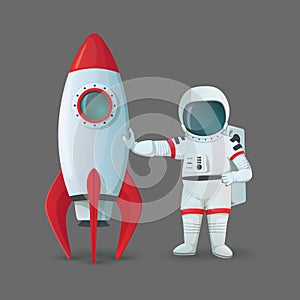 Astronaut standing near the rocket ship and touching it isolated on a gray background