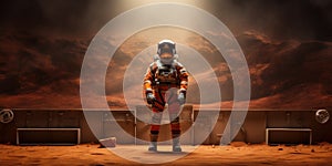 Astronaut standing outside the colony on planet Mars. Habitable world and colonization concept. Generative AI