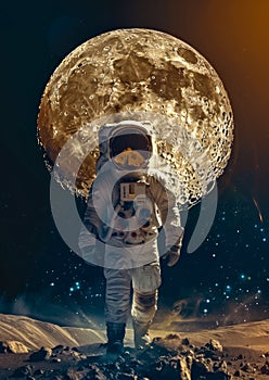 Astronaut Standing on Rocky Outcrop with Luminous Cosmic Background. International Day of Human Space Flight