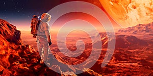 Astronaut standing on the surface of Mars, capturing the barren landscape and the reddish hues of the planet& x27;s soil